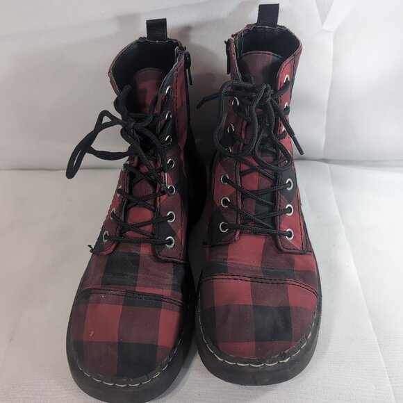 T.U.K. 2013 Anarchic Boots Plaid Red Black Lace Up Women's 9 T2192 7 Eye Punk - Picture 2 of 16